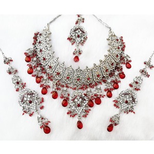 Silver Plated Alloy Jewelry <b>Set</b> Necklace Earrings <b>Bracelet</b> Red Crystal Rhinestone Flower Design Women's Wedding Classic Style - Product Image 4
