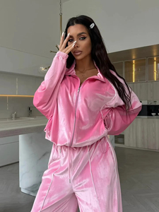 Ensemble de survêtement en velours rose pour femme, haut zippé à manches longues, pantalon large, coupe ample, toutes saisons, couleur unie, tenue décontractée et sportive - Product Image 6