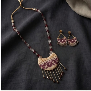 Traditional Muga Silk <b>Necklace</b> <b>Set</b> with Burgundy Textile Pendant and Matching Earrings | Handcrafted <b>Indian</b> Ethnic Jewellery - Product Image 5