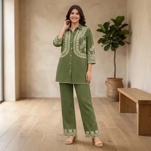 Ensemble en coton brodé vert pour femmes, manches trois quarts, coupe ample, pantalon long, tenue décontractée printemps-été - Product Image 3