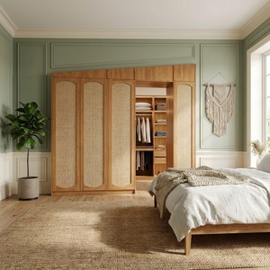 Sistema de Armario de Teca Sólida con Mimbre Tejido, Mueble de Almacenamiento de Madera para Colgar Sobre la Puerta, Armario Moderno Tropical con Rejillas, Unidad para Pasillo - Product Image 3