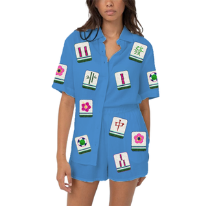 Wholesale Custom <b>Mahjong</b> Short <b>Sets</b> Comfy Cotton 2-Piece Shirt and Short Breathable With Tiles Embroidery 2-Piece <b>Set</b> Summer fit - Product Image 3