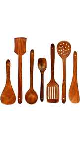 Lot de 7 ustensiles de cuisine robustes en bois d'acacia massif naturel, cuillères mélangeuses pour poêles antiadhésives et batterie de cuisine - Product Image 2