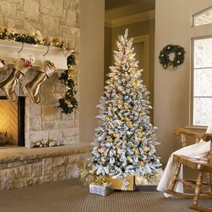 7 FT Snow Flocked Pre-lit Artificial Pencil Christmas <b>Tree</b> Hinged Pine <b>Tree</b> 1100 Branch Tips 400 <b>Lights</b> for Festive Holidays - Product Image 4
