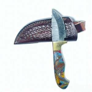 Damascus Steel Hunting Knife Drop Point Blade Marbled Handle <b>Leather</b> Sheath Outdoor Survival <b>Tool</b> - Product Image 1