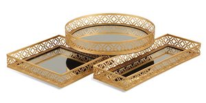 Beautiful Golden Metal <b>Serving</b> <b>Tray</b> Rounded Laser Cutting <b>Large</b> Fruits Platter With Matching Handles - Product Image 6