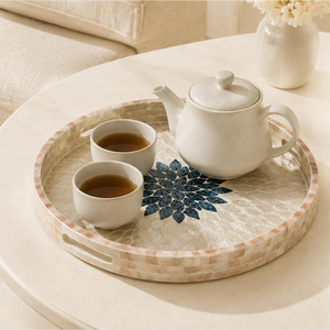 Bandeja Decorativa Moderna Hecha a Mano con Incrustaciones de Madreperla y Medallón Floral para Bodas, con Asas, Venta al por Mayor, Decoración para el Hogar - Product Image 2