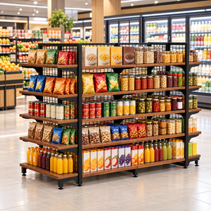 NEWTEK Double-Sided Adjustable Heavy Duty Supermarket Display <b>Shelving</b> <b>Unit</b> 5-Tier <b>Wood</b>-Grain Shelves Wire Mesh Panels - Product Image 4
