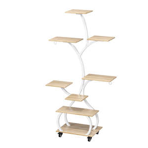 Espositore per Piante a 8 Livelli a Forma di Albero con Luce di Crescita a Spettro Completo, Struttura in Metallo Bianco, Ruote Bloccabili, Ripiano in Legno - Product Image 6