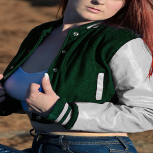 Veste courte universitaire pour femme, vert foncé et gris, style Letterman, manteau bomber, manches en similicuir, vêtement d'extérieur décontracté, mode féminine - Product Image 2