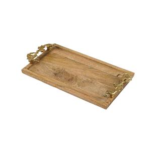 Plateau de service décoratif en bois de manguier avec poignées en feuille d'or, rectangulaire, pour vanité, mariage, événement, accent décoratif - Product Image 1