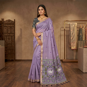 Sari en coton violet avec des motifs floraux et animaliers, tenue traditionnelle indienne pour femmes, style mariage - Product Image 1