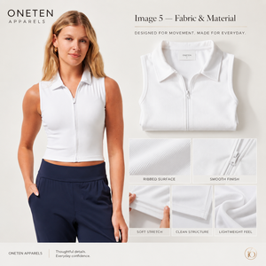ONETEN APPARELS <b>Women</b> Sleeveless Cropped <b>Polo</b> <b>Shirt</b> Solid <b>White</b> Knitted Polyester Sporty Zipper Front Design - Product Image 1