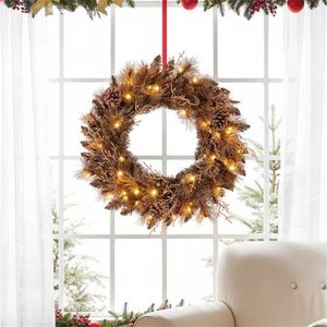 Ghirlanda Natalizia Moderna da Interno Pre-Illuminata da 60 cm con 35 LED Bianchi Caldi, 6 Pigne, 105 Punte di Rami, Bacche e Ghirlanda in PVC Marrone - Product Image 3