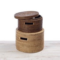 Op maat gemaakte ronde opbergbox van rotan met deksel en handvatten, handgemaakte manden voor opbergruimte, woonkamerdekens, gemaakt in Vietnam