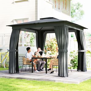 Gazebo da Esterno 10x10 Grigio Scuro con Tetto Morbido, Telaio in Acciaio, Tende e Zanzariere - Padiglione e Pergola con Tettoia Protettiva - Product Image 2