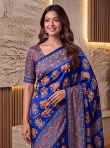 Sari en soie imprimé numérique Ajrak avec broderie miroir véritable, tenue ethnique traditionnelle indienne, idéal pour mariage, fête, ou comme cadeau moderne. - Product Image 4