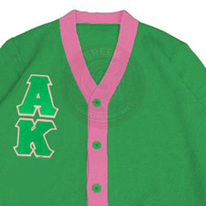 Cardigan vert à bordure rose, broderie de lettres grecques AKA, col en V, manches longues, en acrylique tricoté, pour femme, tenue universitaire - Product Image 3