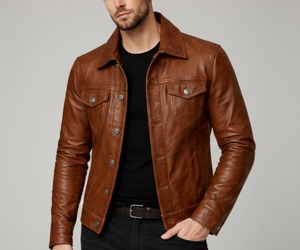 Veste en cuir véritable marron pour homme, col rabattu, fermeture à boutons, coupe ajustée, style motard, imperméable et respirante pour l'hiver - Product Image 3