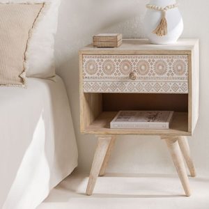 Natural Wood Nightstand <b>Side</b> Cabinet Carved Bedside <b>Table</b> <b>Storage</b> Drawer Open Shelf for Bedroom - Product Image 1