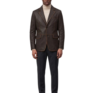 Blazer de cuero marrón para hombre, de un solo botón, con solapa de pico, chaqueta de traje, blazer formal de cuero para hombre, chaqueta de cuero a medida. - Product Image 3