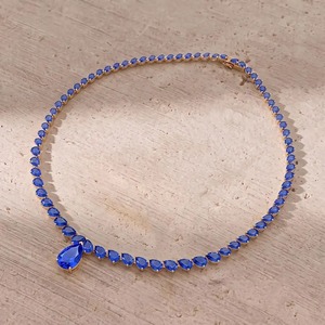 Collier tennis en saphir bleu taille poire, bijoux en saphir, bijoux en or pour femme, cadeau pour mariage et fête - Product Image 2