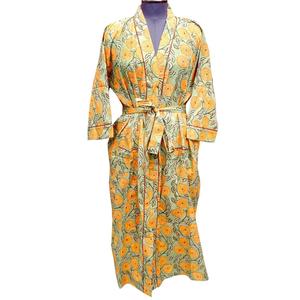 Bata Larga Estampada Floral para Mujer, Cuello en V, Manga Tres Cuartos, 100% Algodón Suave, Estilo Casual de Verano, Cierre con Cinturón, Transpirable - Product Image 1