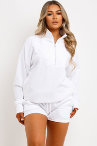 Conjunto Deportivo de Sudadera Blanca con Cierre de Cremallera y Pantalones Cortos para Mujer, Talla Grande, Color Sólido, Corte Holgado, Manga Larga, Ropa de Primavera - Product Image 5