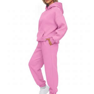 Ensemble de survêtement pour femme surdimensionné avec logo personnalisé, sweat à capuche en molleton et pantalon de jogging, deux pièces, rose uni, tenue décontractée - Product Image 2