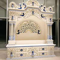Mandir de prière traditionnel de luxe en marbre de Makrana, sculpté à la main, au design architectural religieux |   Symbole Om rétroéclairé par LED au sol