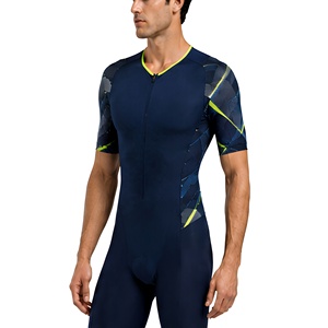 Combinaison de triathlon pour homme bleu marine avec accents vert fluo, séchage rapide, compression, pour cyclisme, course à pied, natation, tenue de compétition - Product Image 3