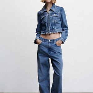 Women's Cropped Denim Trucker Jacket With Frayed Hem Zipper Closure Full Sleeve Turn-down Collar Autumn Style - Product Image 2