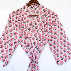 Bata Kimono de Algodón con Estampado Floral, Larga, Cuello Mandarín, Cierre con Cordón, Suave y Holgada, Ropa de Estar por Casa para Primavera - Product Image 3