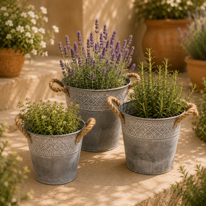 Juego de Tres Cubos de Metal Galvanizado con Patrón en Relieve y Asas de Cuerda para Jardín, Estilo Rústico - Product Image 1