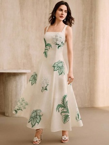 Handcrafted Floral Embroidered <b>White</b> Linen <b>Maxi</b> Dress for Women Square Neck Sleeveless A-Line Summer Party Gown - Product Image 2