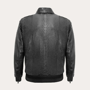 Chaquetas para Hombre, Chaqueta de Cuero con Estampado de Pitón para Hombre, Nueva Chaqueta Bomber de Cuero Negra con Cuello Desmontable y Piel de Rex - Product Image 2
