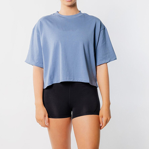 Oversized Cropped T-Shirt Solid Blue Crew Neck Short Sleeve Loose Fit Knitted Cotton Spring Summer - Product Image 4