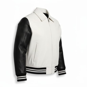 Blouson universitaire en cuir véritable blanc de qualité supérieure pour homme, avec broderie personnalisée sur le devant et le dos, style streetwear, blouson bomber bicolore, veste de motard - Product Image 4