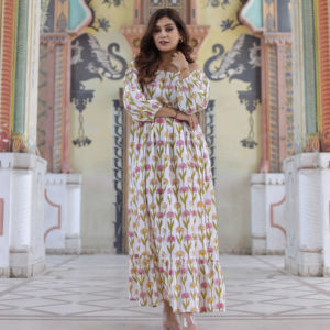 ชุดเดรสยาวลำลองผ้าฝ้ายพิมพ์ลายบล็อกอินเดียสำหรับผู้หญิง ระบายอากาศได้ดีและสวมใส่สบาย - Product Image 1
