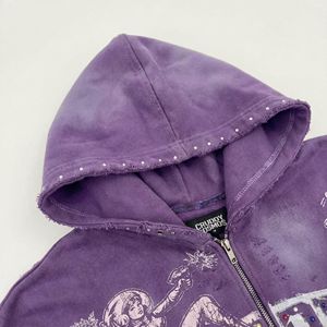 Sudadera con capucha morada desgastada al por mayor |   Sudadera con capucha vintage adornada con estampado de alienígena agrietado y pedrería |   Ropa Urbana OEM - Product Image 2