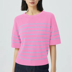 Camiseta de Mujer, Nueva Moda de Verano, Informal, con Rayas, Manga Corta, Cuello Redondo, Estilo Sorority - Product Image 3