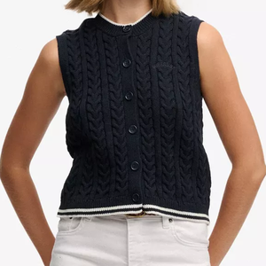Chaleco de Punto sin Mangas para Mujer, Cuello Redondo, Punto Trenzado, Color Sólido, Botones al Frente, Estilo Preppy, Ropa de Otoño, 100% Acrílico - Product Image 1