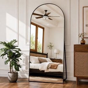 Specchio ad Arco a Figura Intera 180 cm x 76,5 cm, da Parete o da Terra con Supporto, Vetro Infrangibile, Nero - Product Image 1