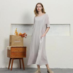 Women Loose Fit O-Neck Short Sleeve <b>Maxi</b> <b>Dress</b> 100% <b>Linen</b> Solid Color Asymmetrical Hem Button Detail Casual Daily Wear - Product Image 3