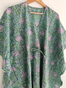 Elegante Vestido Kaftán de Algodón con Estampado Floral de Menta, Cuello en V, Estilo Bohemio, Holgado, Informal, para Vacaciones de Verano - Product Image 3