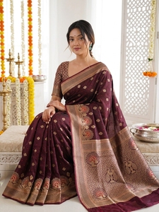 AARA Fashion Saree traditionnel en soie pour femme, broderie or bordeaux, longueur ras du sol, tenue de mariage, style Inde Pakistan, protection solaire - Product Image 2