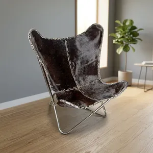 Handmade Genuine Leather Butterfly <b>Chair</b> Metal Legs Midcentury Modern Leisure <b>Chair</b> Living Room Furniture - Product Image 5