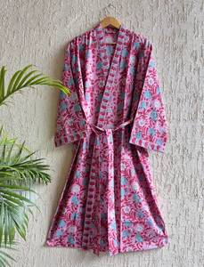 Vestido Kimono Informal de Algodón Hecho a Mano en India, Cuello en V, Manga Larga, Estampado Floral, para Vacaciones en la Playa, Verano, Otoño y Primavera - Product Image 2