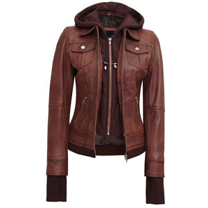 Women's Hooded Brown Leather <b>Jacket</b> - 2-in-1 Versatile Biker Style - Fashionable Slim Fit Ladies Leather Outerwear - Product Image 5