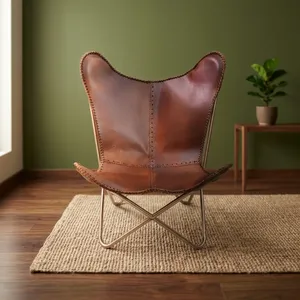 Fauteuil Papillon Moderne en Cuir Véritable avec Pieds en Métal, Dossier Fendu, Fait Main, Chaise de Loisirs pour Salon - Product Image 2